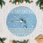 Seychelles Christmas Tree Skirt Ocean Blue Marlin Fish Artwork and Surfing Santa Motif - African Pride
