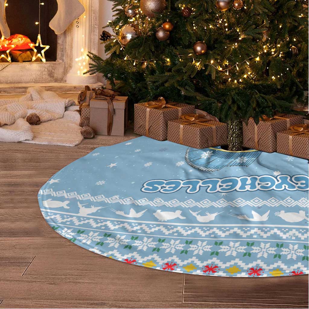 Seychelles Christmas Tree Skirt Ocean Blue Marlin Fish Artwork and Surfing Santa Motif - African Pride