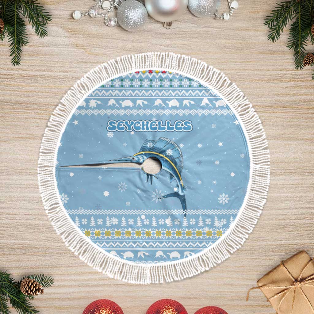 Seychelles Christmas Tree Skirt Ocean Blue Marlin Fish Artwork and Surfing Santa Motif - African Pride
