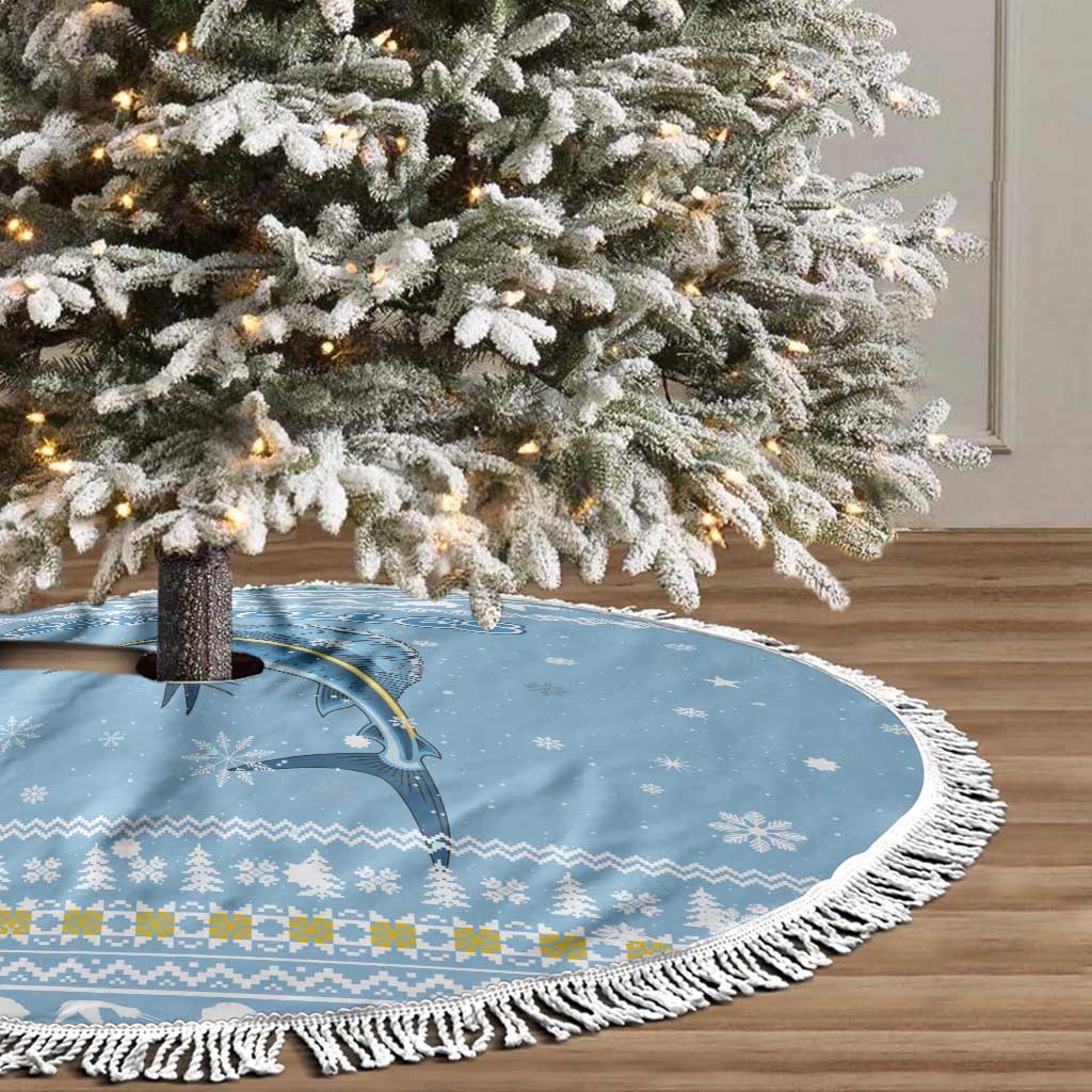 Seychelles Christmas Tree Skirt Ocean Blue Marlin Fish Artwork and Surfing Santa Motif - African Pride