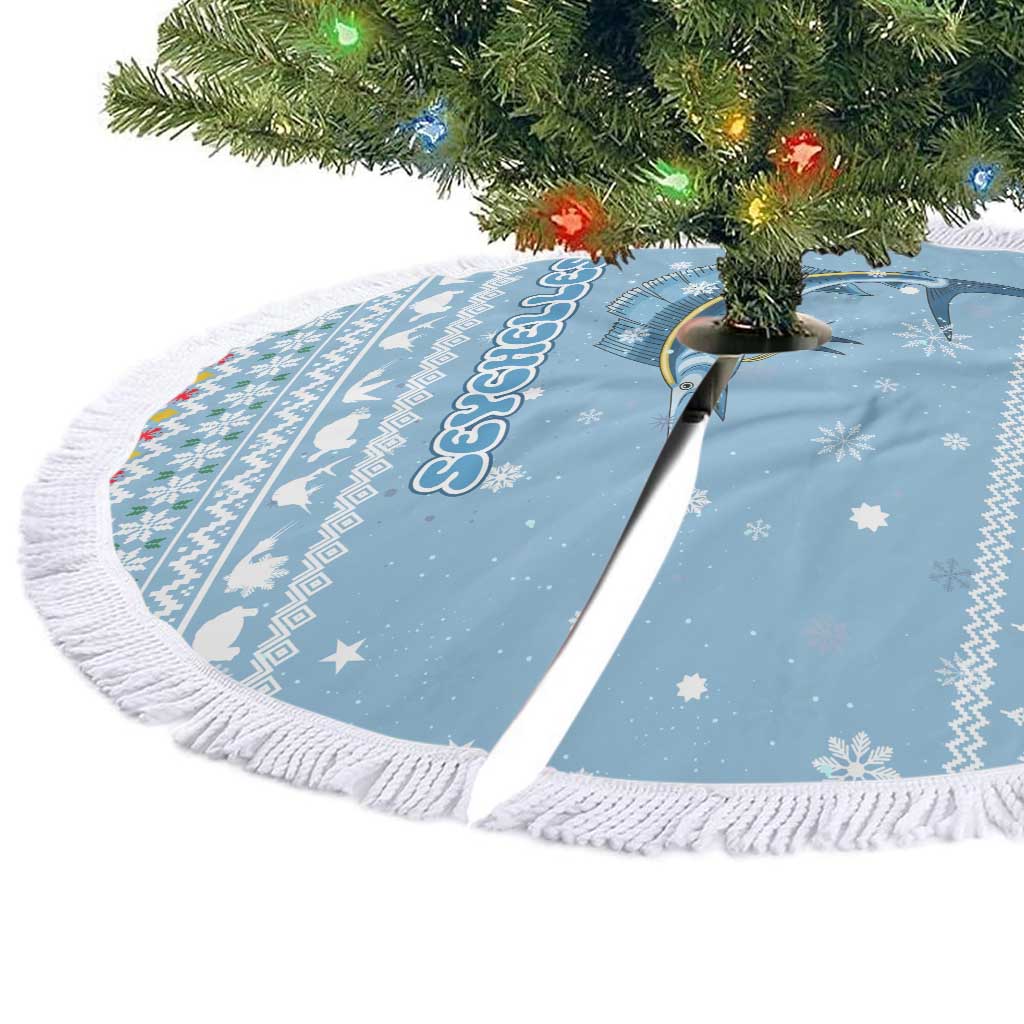 Seychelles Christmas Tree Skirt Ocean Blue Marlin Fish Artwork and Surfing Santa Motif - African Pride