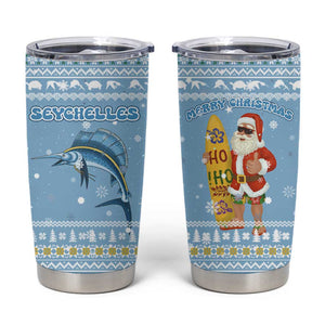 Seychelles Christmas Tumbler Cup Ocean Blue Marlin Fish Artwork and Surfing Santa Motif - African Pride