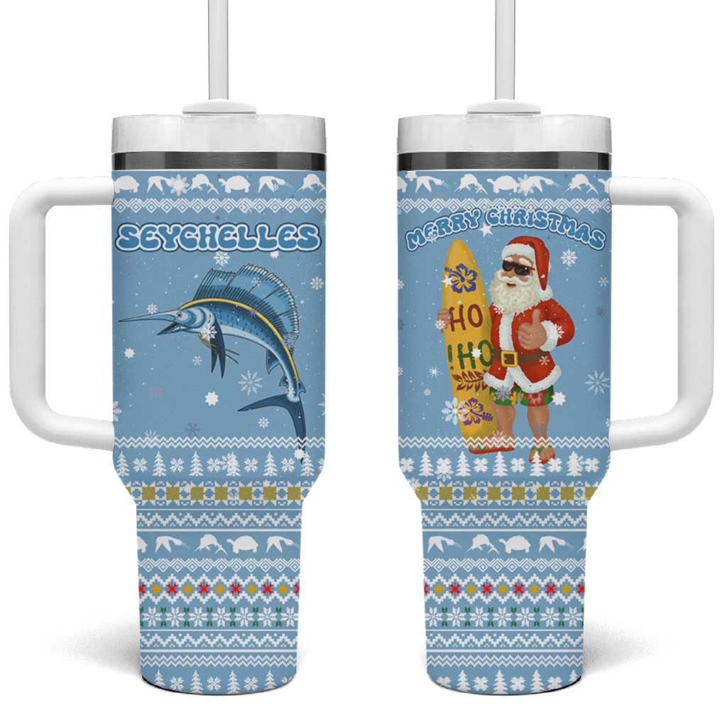 Seychelles Christmas Tumbler With Handle Ocean Blue Marlin Fish Artwork and Surfing Santa Motif - African Pride