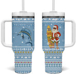 Seychelles Christmas Tumbler With Handle Ocean Blue Marlin Fish Artwork and Surfing Santa Motif - African Pride