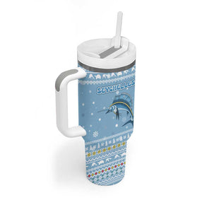 Seychelles Christmas Tumbler With Handle Ocean Blue Marlin Fish Artwork and Surfing Santa Motif - African Pride