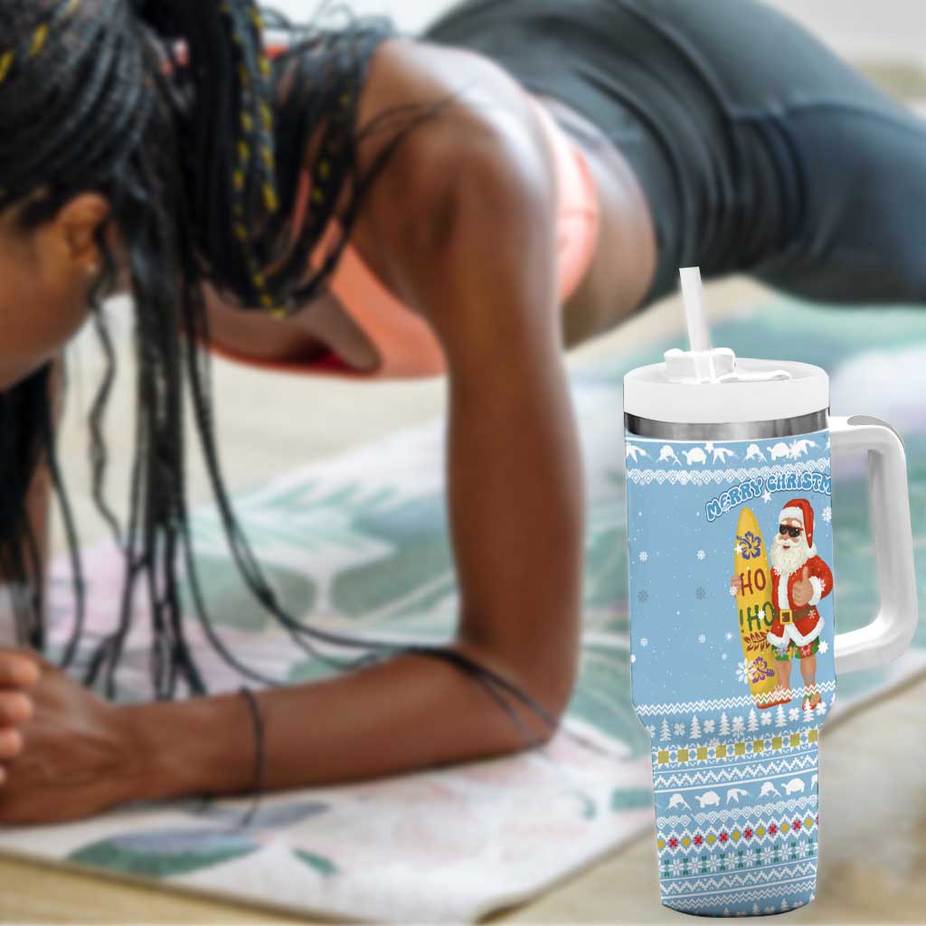 Seychelles Christmas Tumbler With Handle Ocean Blue Marlin Fish Artwork and Surfing Santa Motif - African Pride