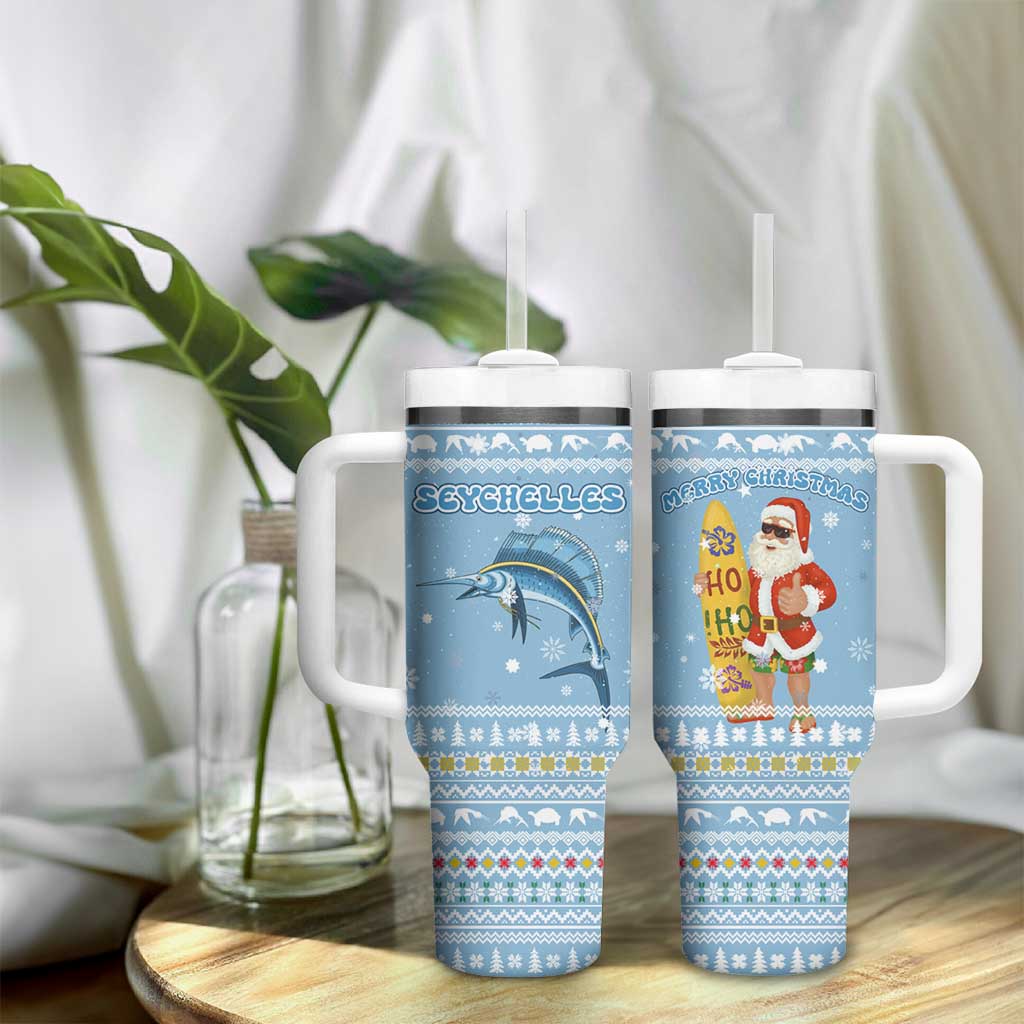 Seychelles Christmas Tumbler With Handle Ocean Blue Marlin Fish Artwork and Surfing Santa Motif - African Pride