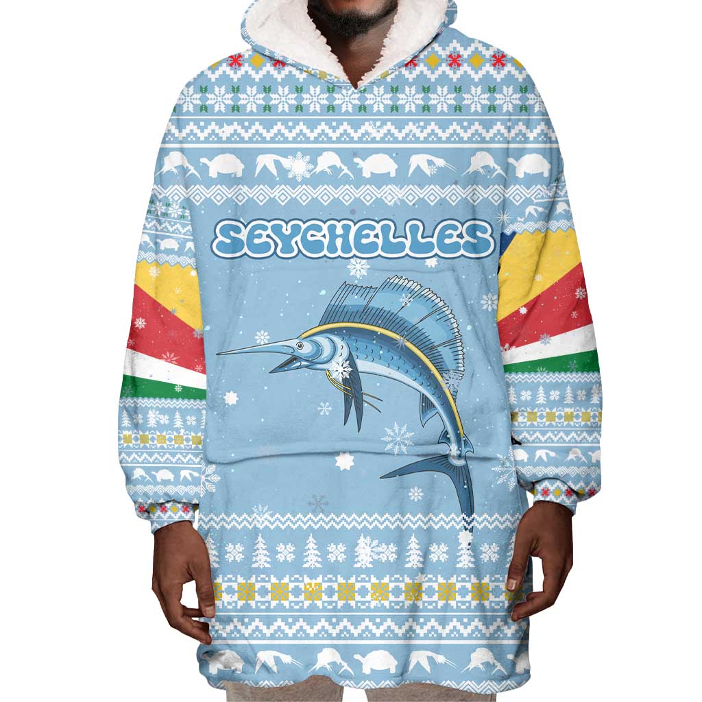 Seychelles Christmas Wearable Blanket Hoodie Ocean Blue Marlin Fish Artwork and Surfing Santa Motif - African Pride