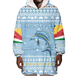 Seychelles Christmas Wearable Blanket Hoodie Ocean Blue Marlin Fish Artwork and Surfing Santa Motif - African Pride