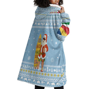 Seychelles Christmas Wearable Blanket Hoodie Ocean Blue Marlin Fish Artwork and Surfing Santa Motif - African Pride