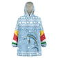 Seychelles Christmas Wearable Blanket Hoodie Ocean Blue Marlin Fish Artwork and Surfing Santa Motif - African Pride