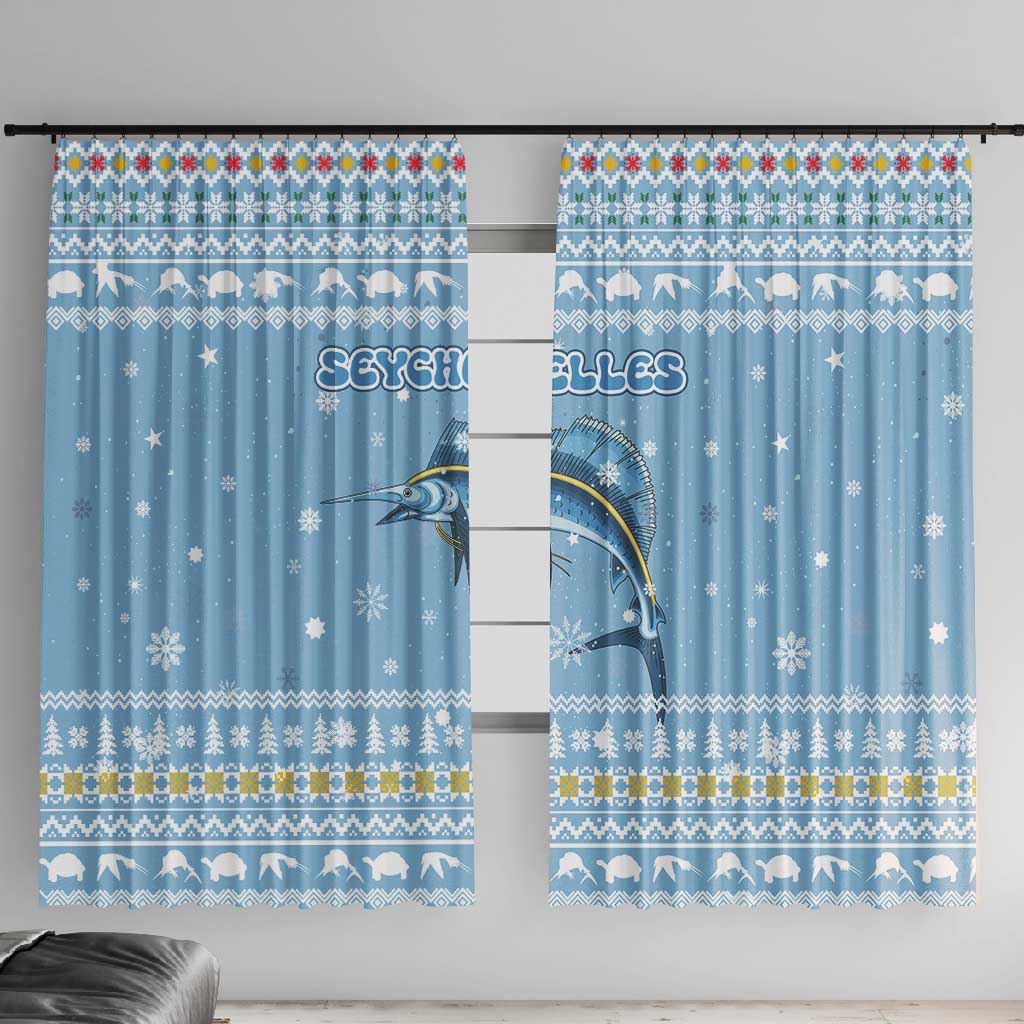 Seychelles Christmas Window Curtain Ocean Blue Marlin Fish Artwork and Surfing Santa Motif - African Pride