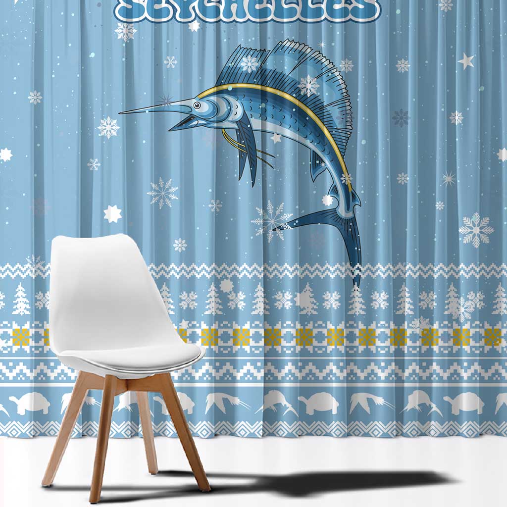 Seychelles Christmas Window Curtain Ocean Blue Marlin Fish Artwork and Surfing Santa Motif - African Pride