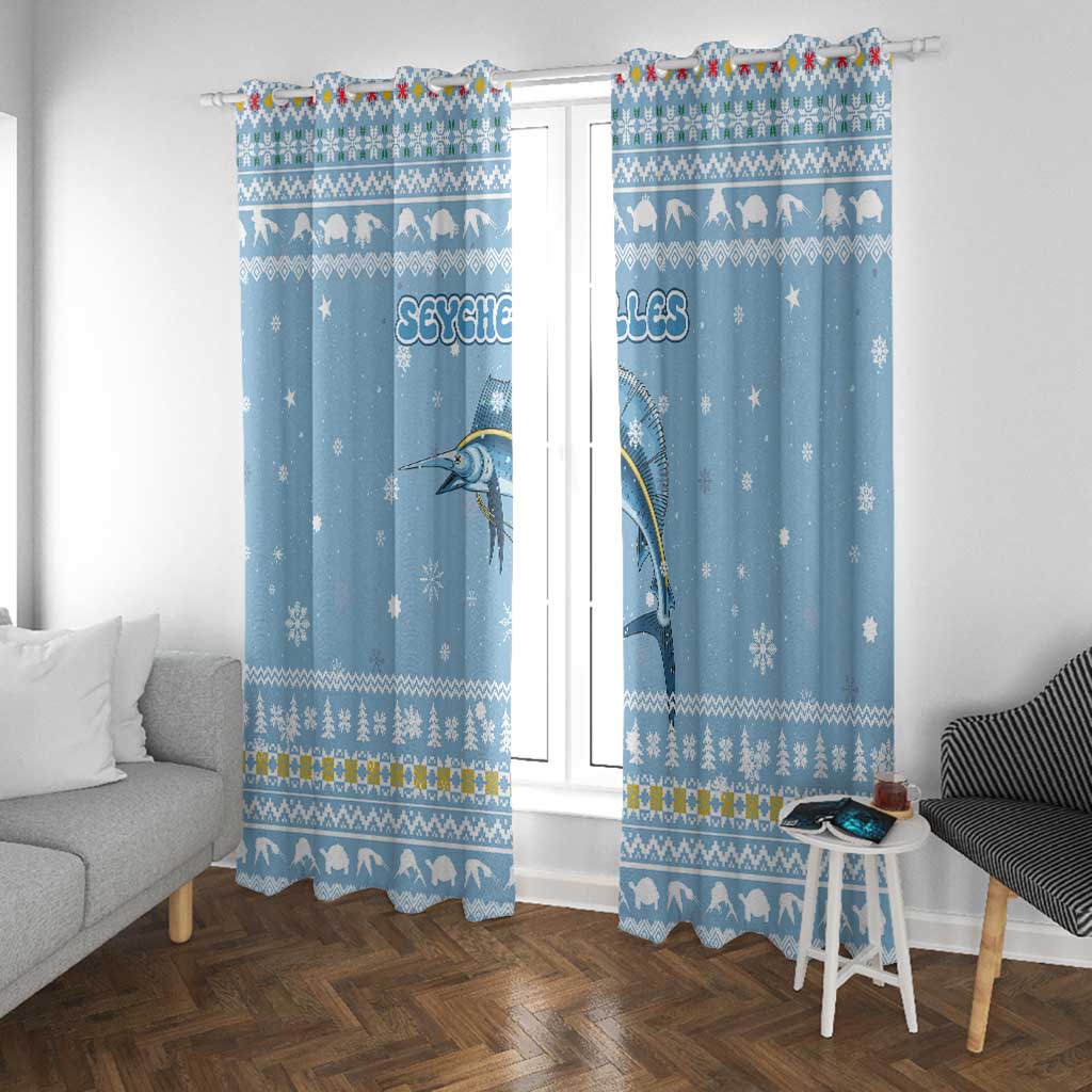 Seychelles Christmas Window Curtain Ocean Blue Marlin Fish Artwork and Surfing Santa Motif - African Pride