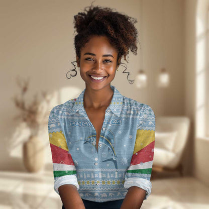 Seychelles Christmas Women Casual Shirt Ocean Blue Marlin Fish Artwork and Surfing Santa Motif - African Pride