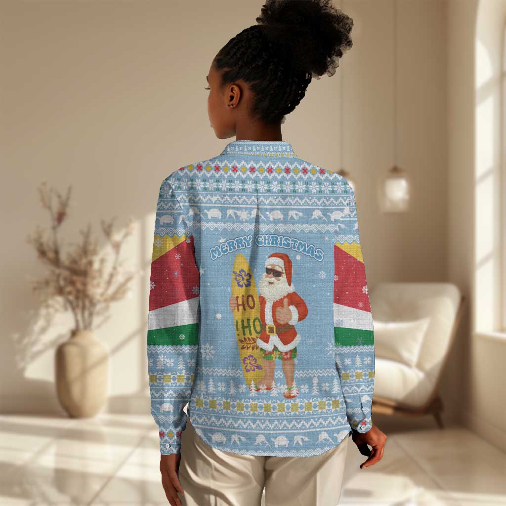 Seychelles Christmas Women Casual Shirt Ocean Blue Marlin Fish Artwork and Surfing Santa Motif - African Pride