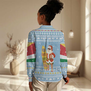Seychelles Christmas Women Casual Shirt Ocean Blue Marlin Fish Artwork and Surfing Santa Motif - African Pride