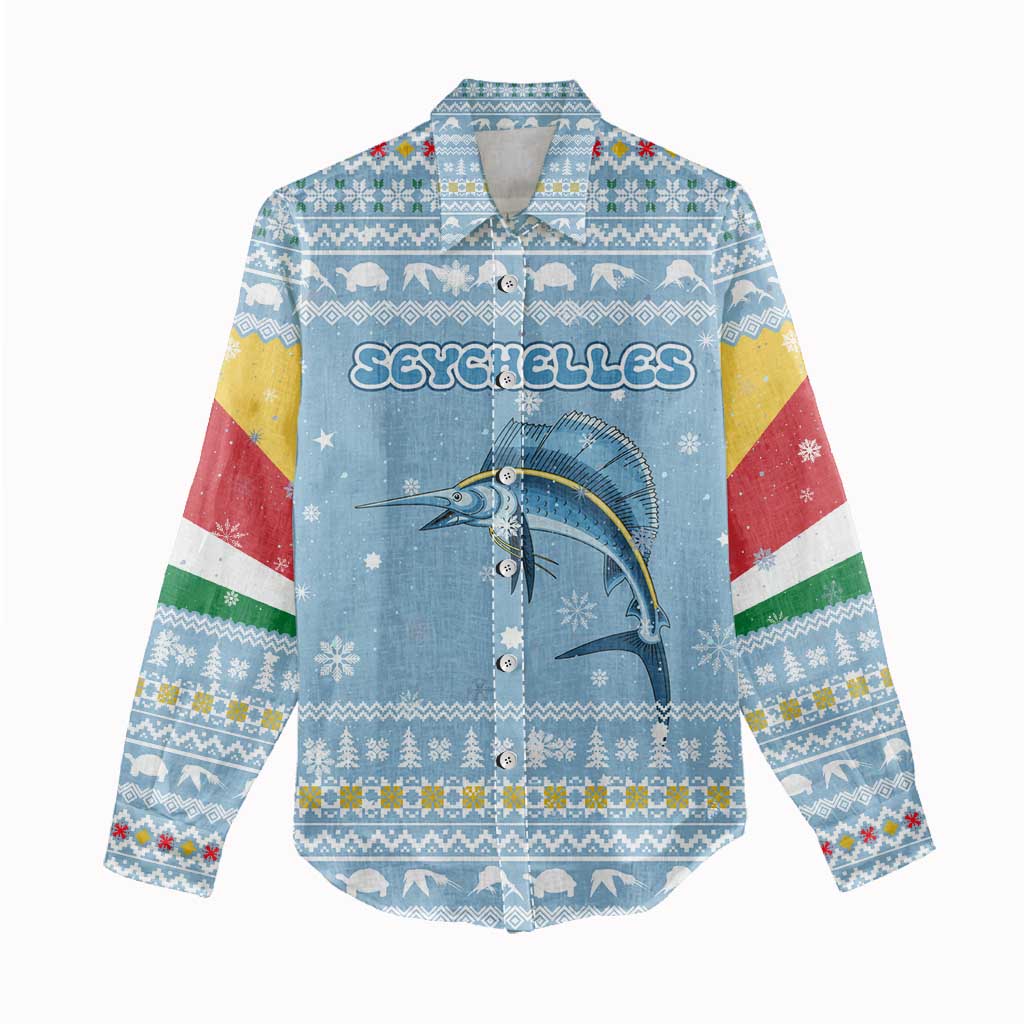 Seychelles Christmas Women Casual Shirt Ocean Blue Marlin Fish Artwork and Surfing Santa Motif - African Pride