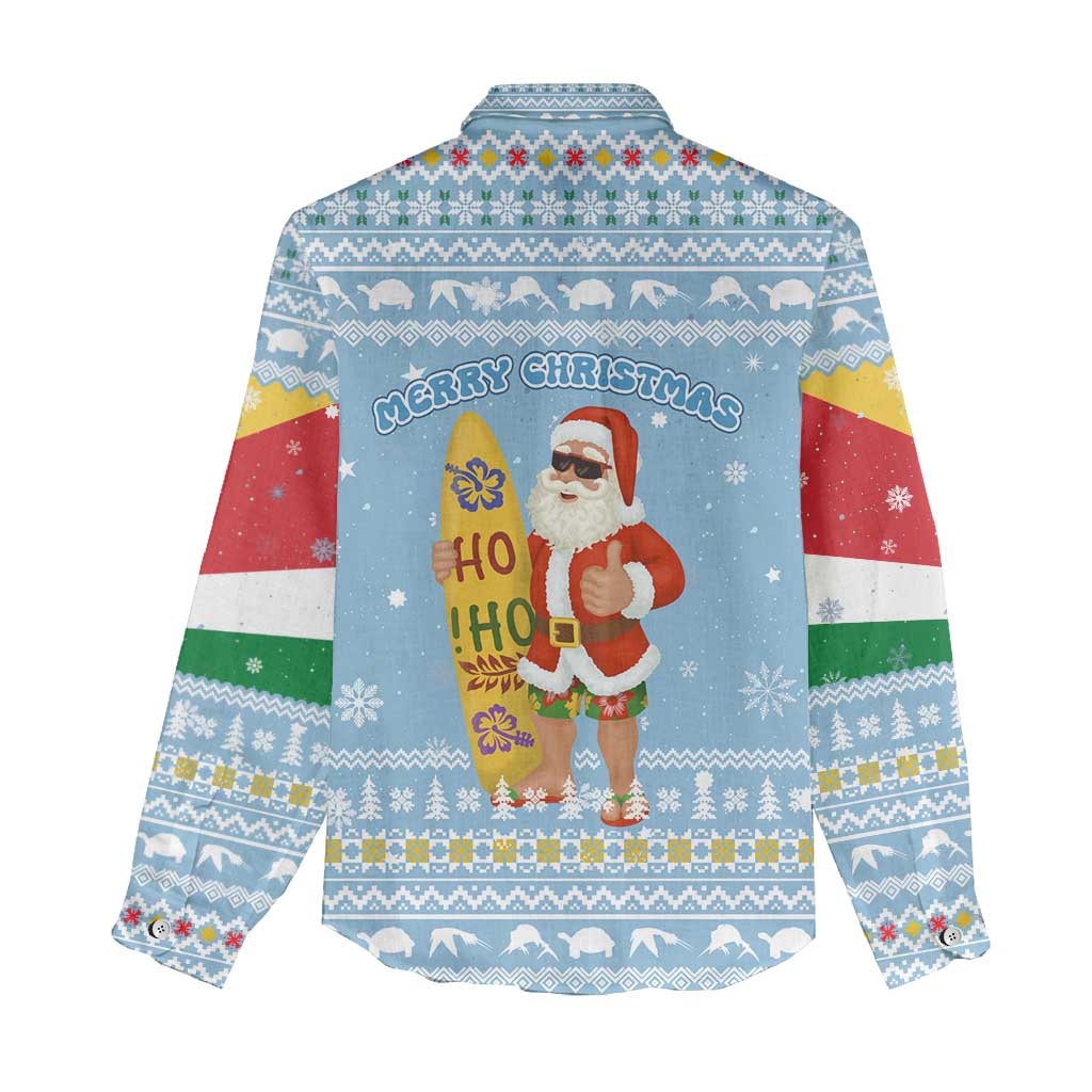 Seychelles Christmas Women Casual Shirt Ocean Blue Marlin Fish Artwork and Surfing Santa Motif - African Pride