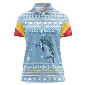 Seychelles Christmas Women Polo Shirt Ocean Blue Marlin Fish Artwork and Surfing Santa Motif - African Pride