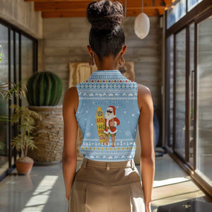 Seychelles Christmas Women Sleeveless Polo Shirt Ocean Blue Marlin Fish Artwork and Surfing Santa Motif - African Pride