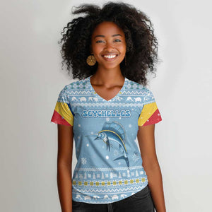 Seychelles Christmas Women V-Neck T-Shirt Ocean Blue Marlin Fish Artwork and Surfing Santa Motif - African Pride
