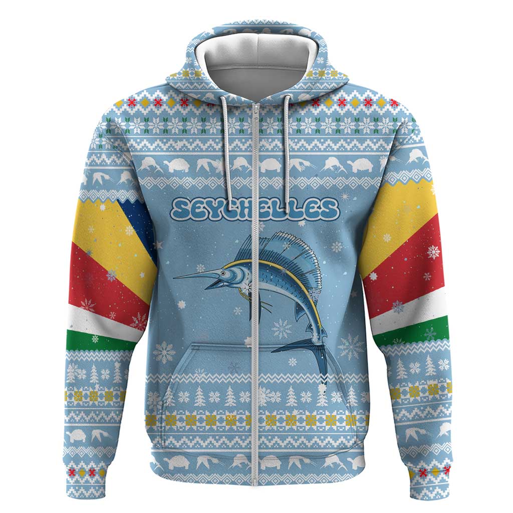 Seychelles Christmas Zip Hoodie Ocean Blue Marlin Fish Artwork and Surfing Santa Motif - African Pride