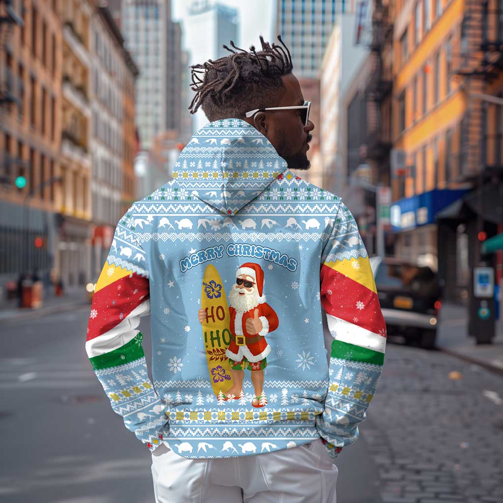 Seychelles Christmas Zip Hoodie Ocean Blue Marlin Fish Artwork and Surfing Santa Motif - African Pride