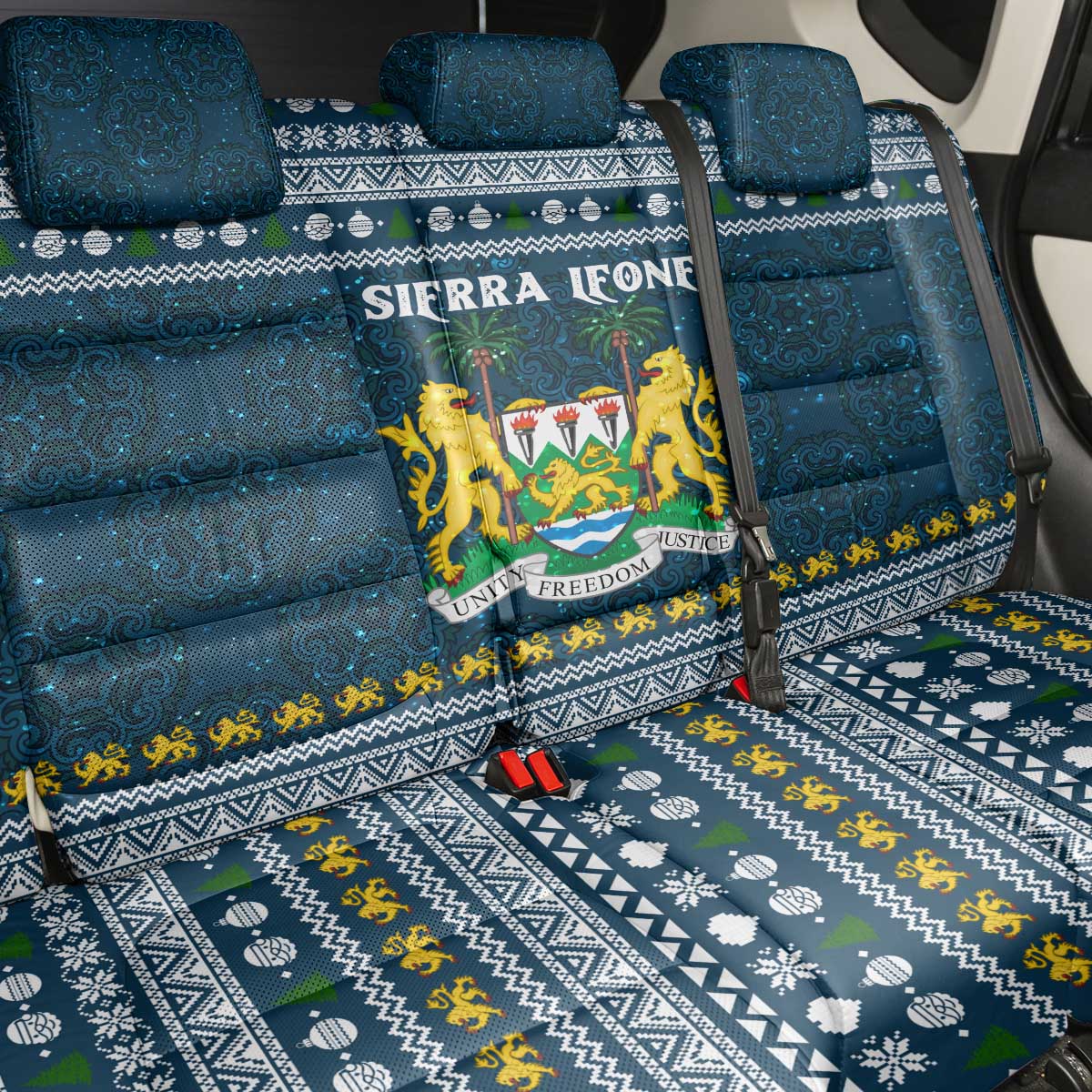 Sierra Leone Christmas Back Car Seat Cover Ornamental Coat of Arms and Festive Motif - African Pride