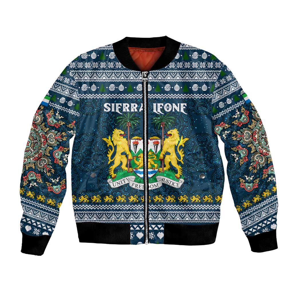 Sierra Leone Christmas Bomber Jacket Ornamental Coat of Arms and Festive Motif - African Pride
