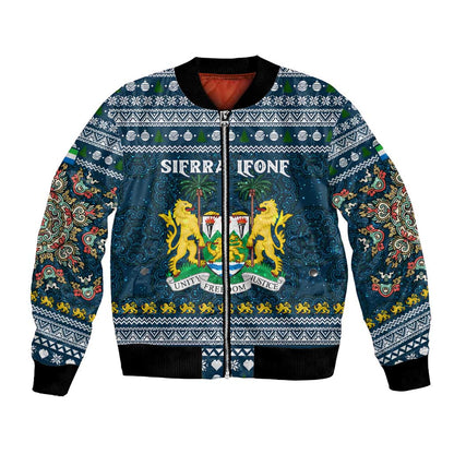 Sierra Leone Christmas Bomber Jacket Ornamental Coat of Arms and Festive Motif - African Pride