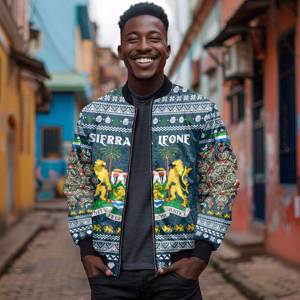 Sierra Leone Christmas Bomber Jacket Ornamental Coat of Arms and Festive Motif - African Pride