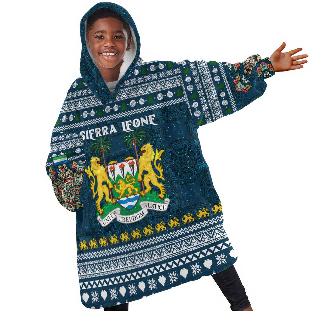 Sierra Leone Christmas Kid Wearable Blanket Hoodie Ornamental Coat of Arms and Festive Motif - African Pride