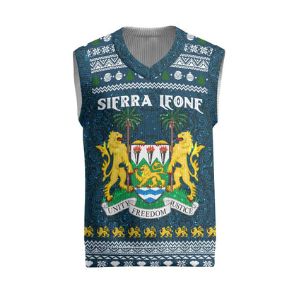 Sierra Leone Christmas Knitted V-Neck Vest Ornamental Coat of Arms and Festive Motif - African Pride