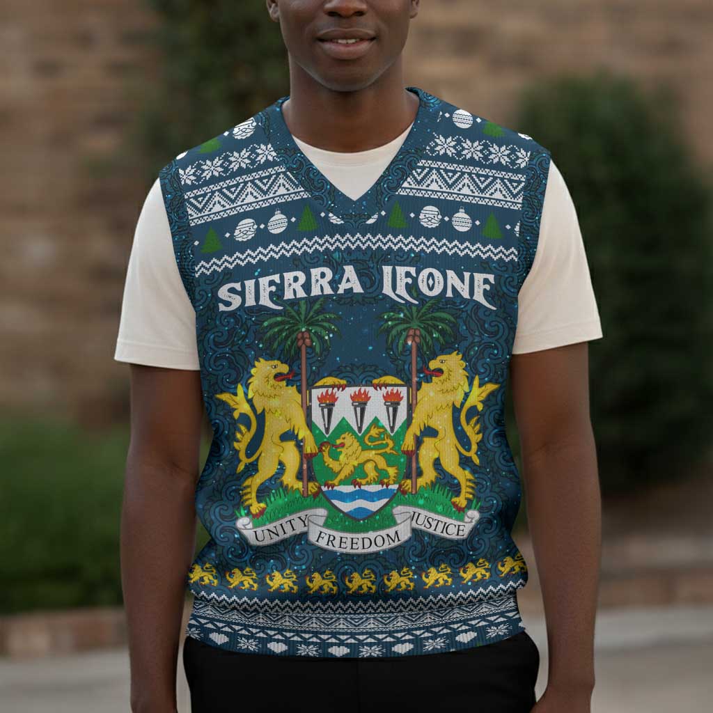 Sierra Leone Christmas Knitted V-Neck Vest Ornamental Coat of Arms and Festive Motif - African Pride