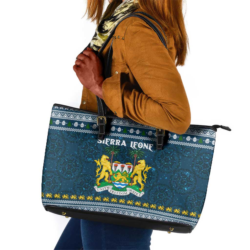 Sierra Leone Christmas Leather Tote Bag Ornamental Coat of Arms and Festive Motif - African Pride