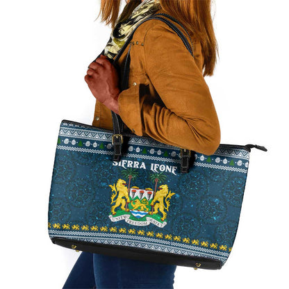 Sierra Leone Christmas Leather Tote Bag Ornamental Coat of Arms and Festive Motif - African Pride