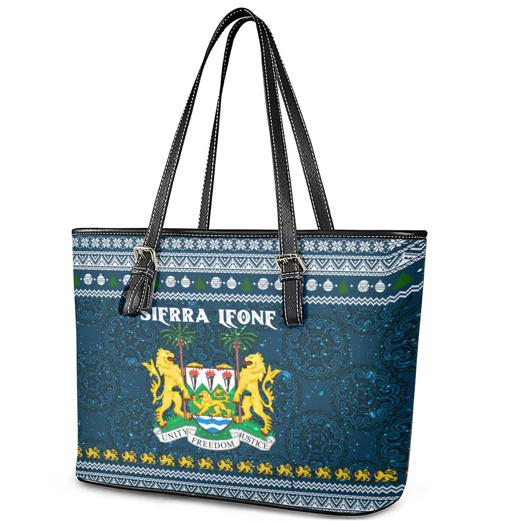 Sierra Leone Christmas Leather Tote Bag Ornamental Coat of Arms and Festive Motif - African Pride