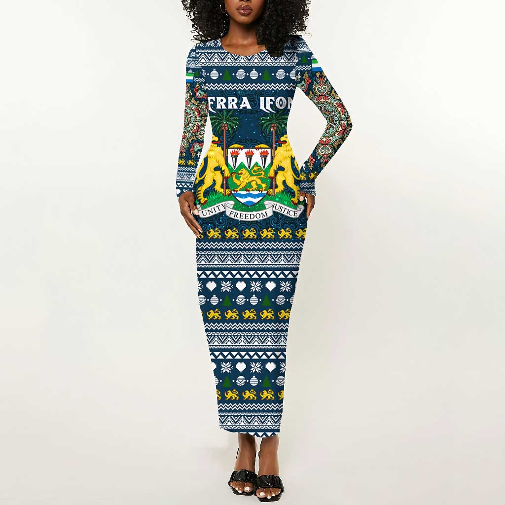 Sierra Leone Christmas Long Sleeve Bodycon Dress Ornamental Coat of Arms and Festive Motif - African Pride