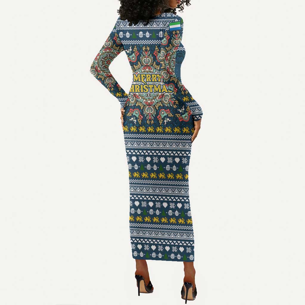 Sierra Leone Christmas Long Sleeve Bodycon Dress Ornamental Coat of Arms and Festive Motif - African Pride