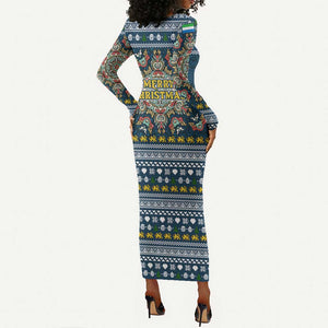 Sierra Leone Christmas Long Sleeve Bodycon Dress Ornamental Coat of Arms and Festive Motif - African Pride