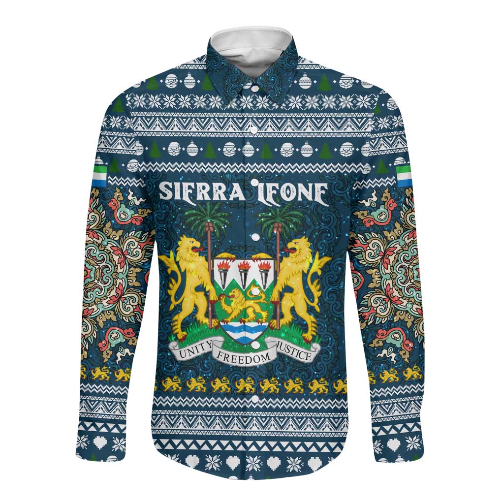 Sierra Leone Christmas Long Sleeve Button Shirt Ornamental Coat of Arms and Festive Motif - African Pride