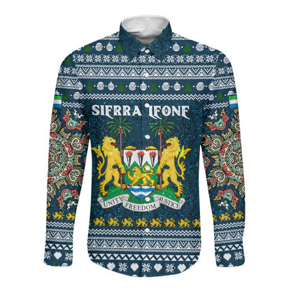 Sierra Leone Christmas Long Sleeve Button Shirt Ornamental Coat of Arms and Festive Motif - African Pride