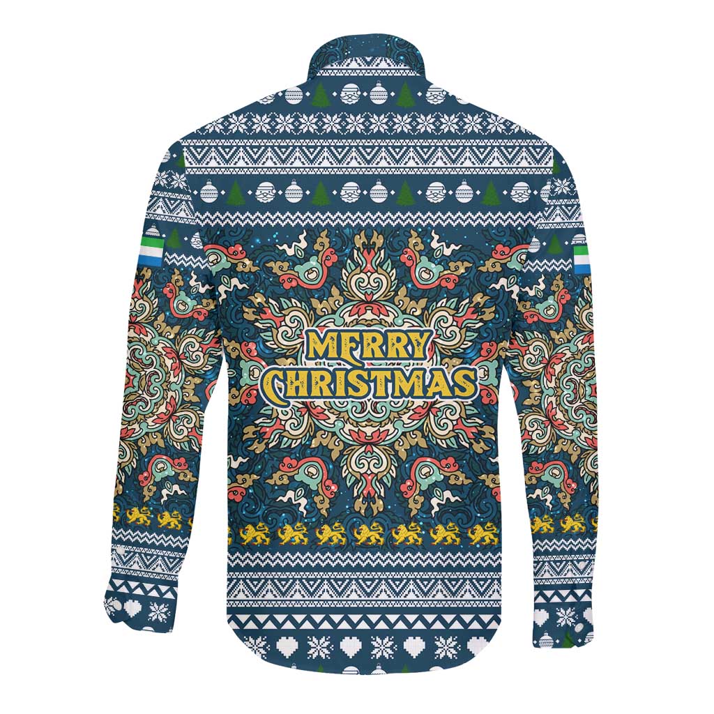 Sierra Leone Christmas Long Sleeve Button Shirt Ornamental Coat of Arms and Festive Motif - African Pride