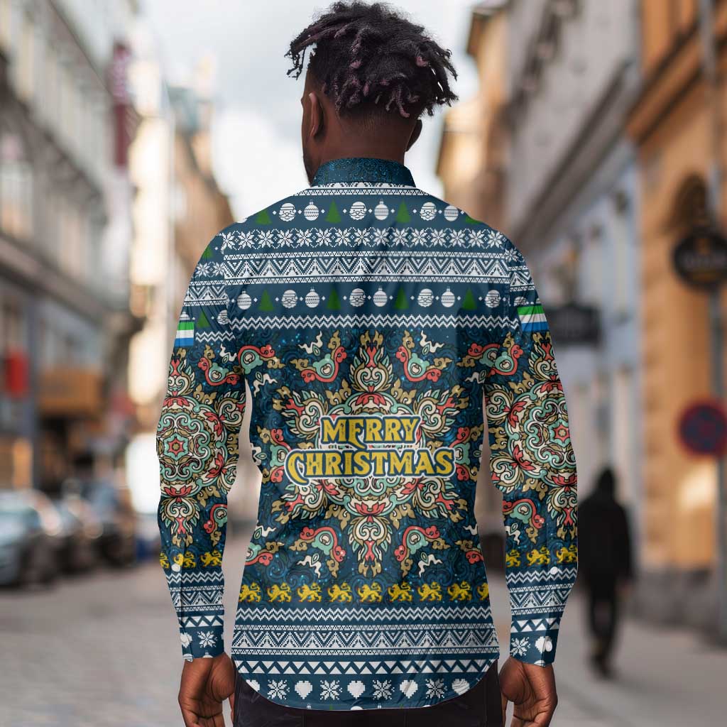 Sierra Leone Christmas Long Sleeve Button Shirt Ornamental Coat of Arms and Festive Motif - African Pride