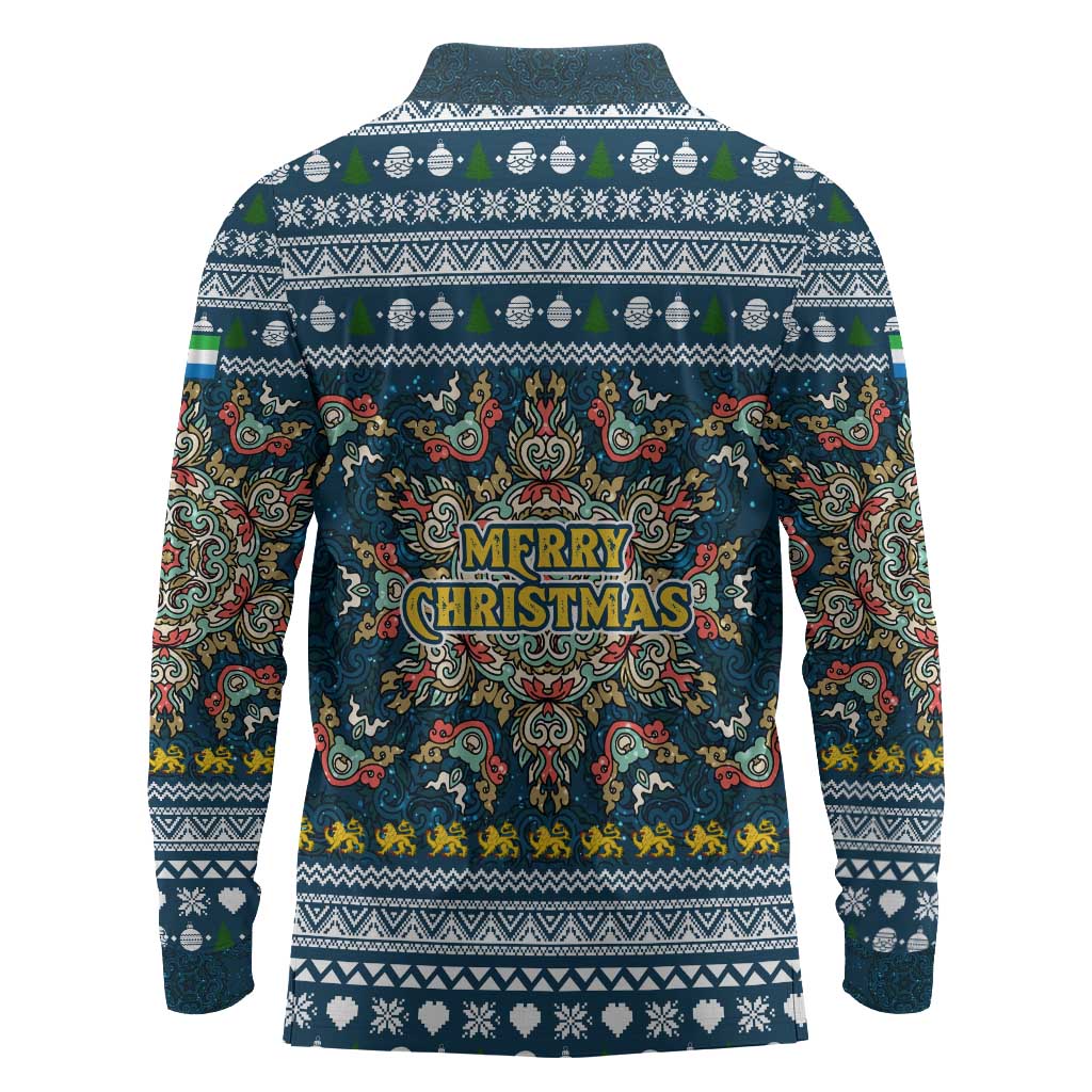 Sierra Leone Christmas Long Sleeve Polo Shirt Ornamental Coat of Arms and Festive Motif - African Pride