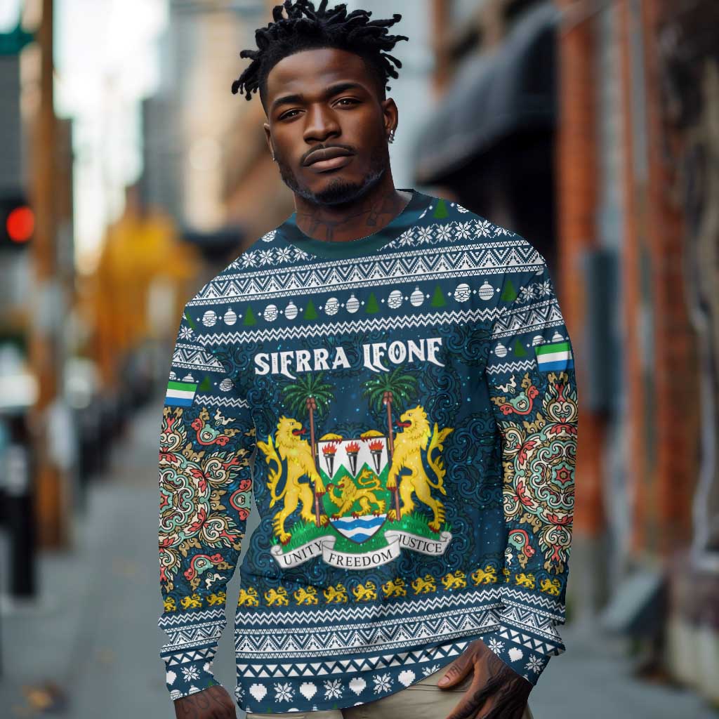 Sierra Leone Christmas Long Sleeve Shirt Ornamental Coat of Arms and Festive Motif - African Pride