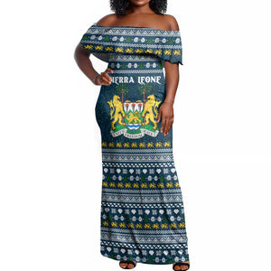 Sierra Leone Christmas Off Shoulder Maxi Dress Ornamental Coat of Arms and Festive Motif - African Pride