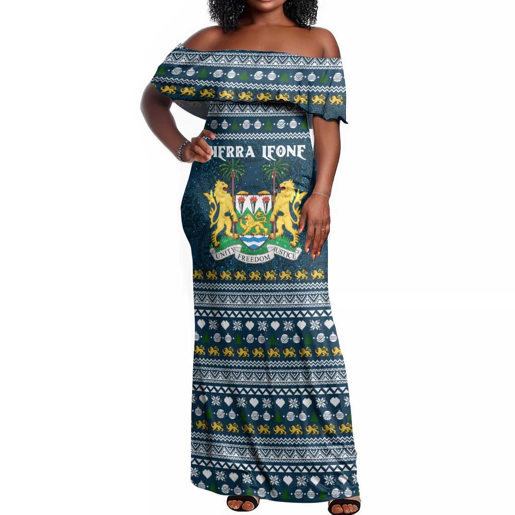 Sierra Leone Christmas Off Shoulder Maxi Dress Ornamental Coat of Arms and Festive Motif - African Pride