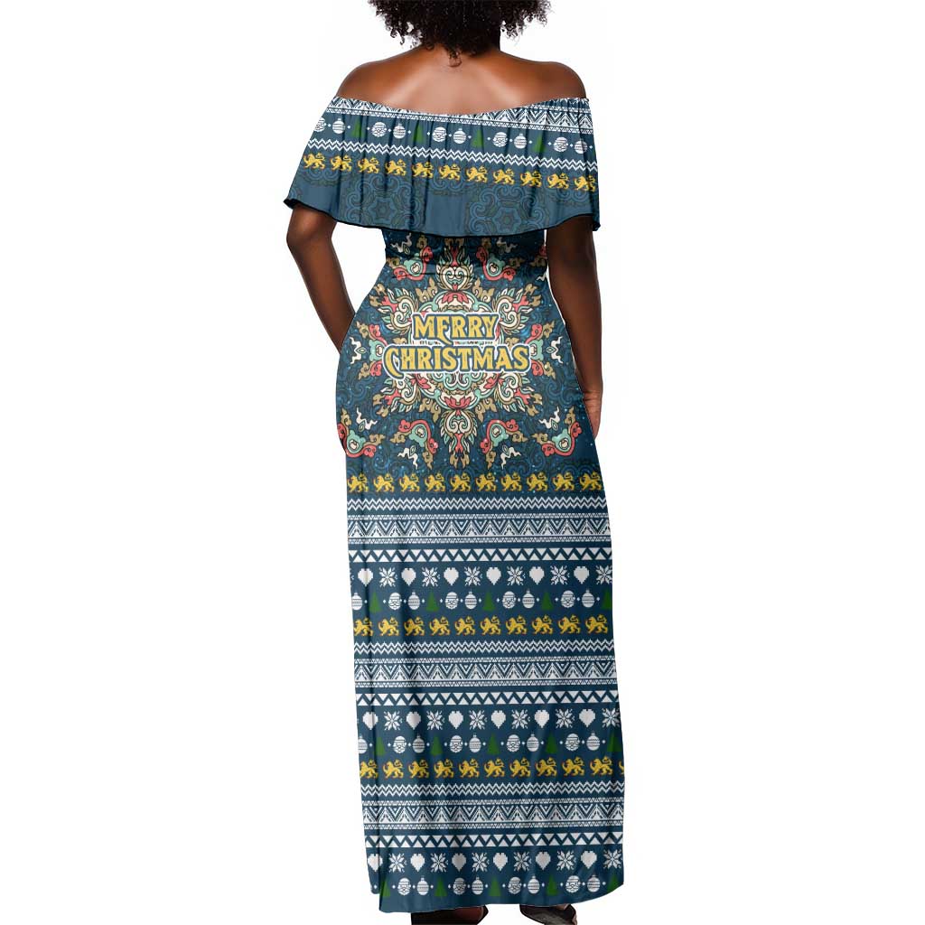 Sierra Leone Christmas Off Shoulder Maxi Dress Ornamental Coat of Arms and Festive Motif - African Pride